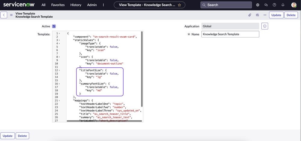 Configuring title and summary/description font sizes for AI Search results in Service Portal