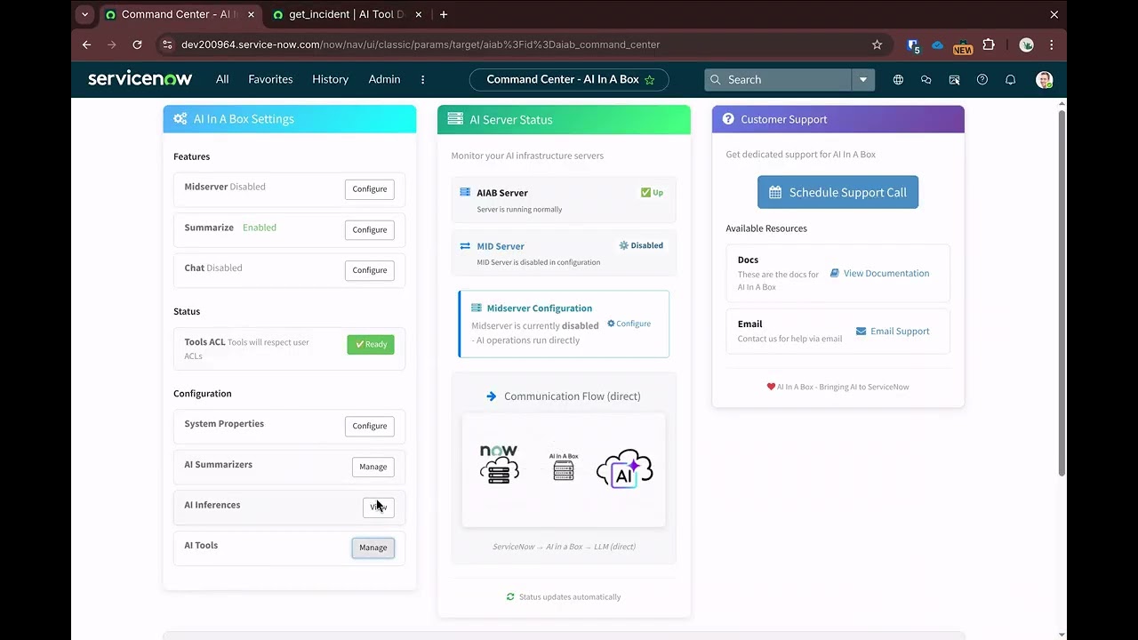 Alternative to Now Assist on ServiceNow - AI In A Box (tool calling demo)