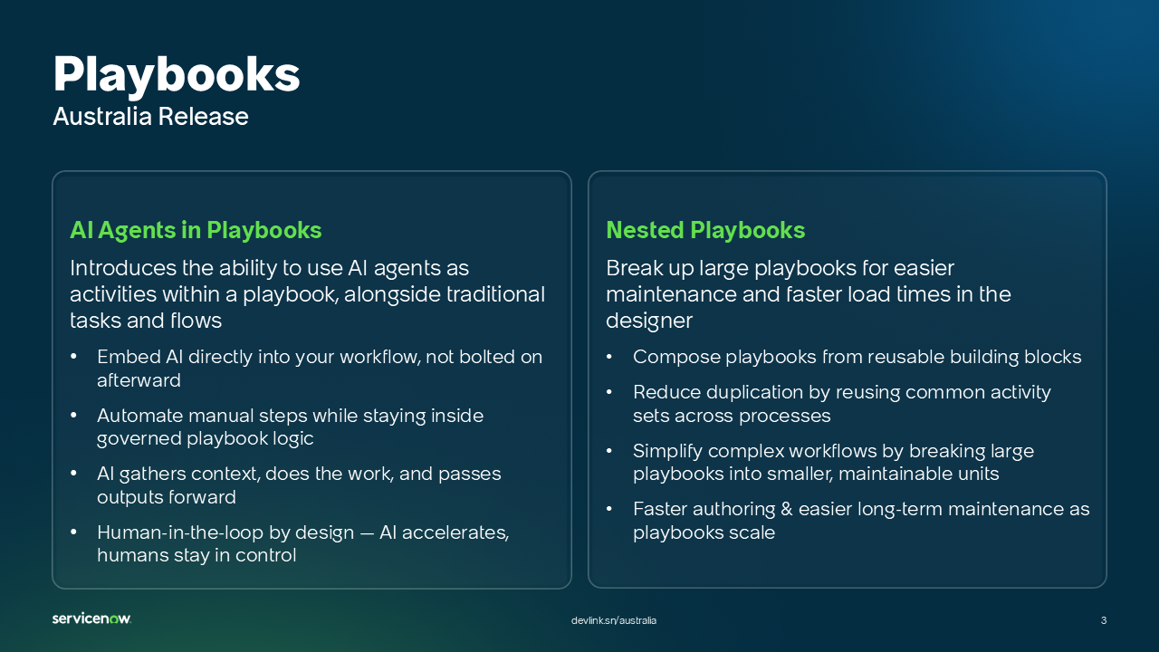 Developer Passport: AI Agent-Powered Playbooks and Nested Playbooks in the Australia Release