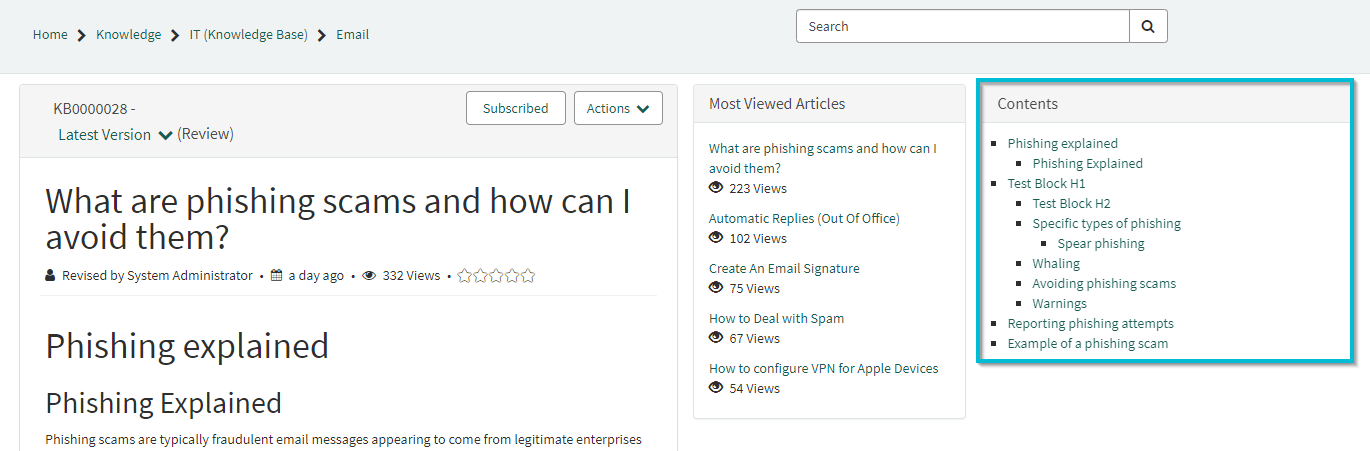 Table of contents widget for ServiceNow Portal