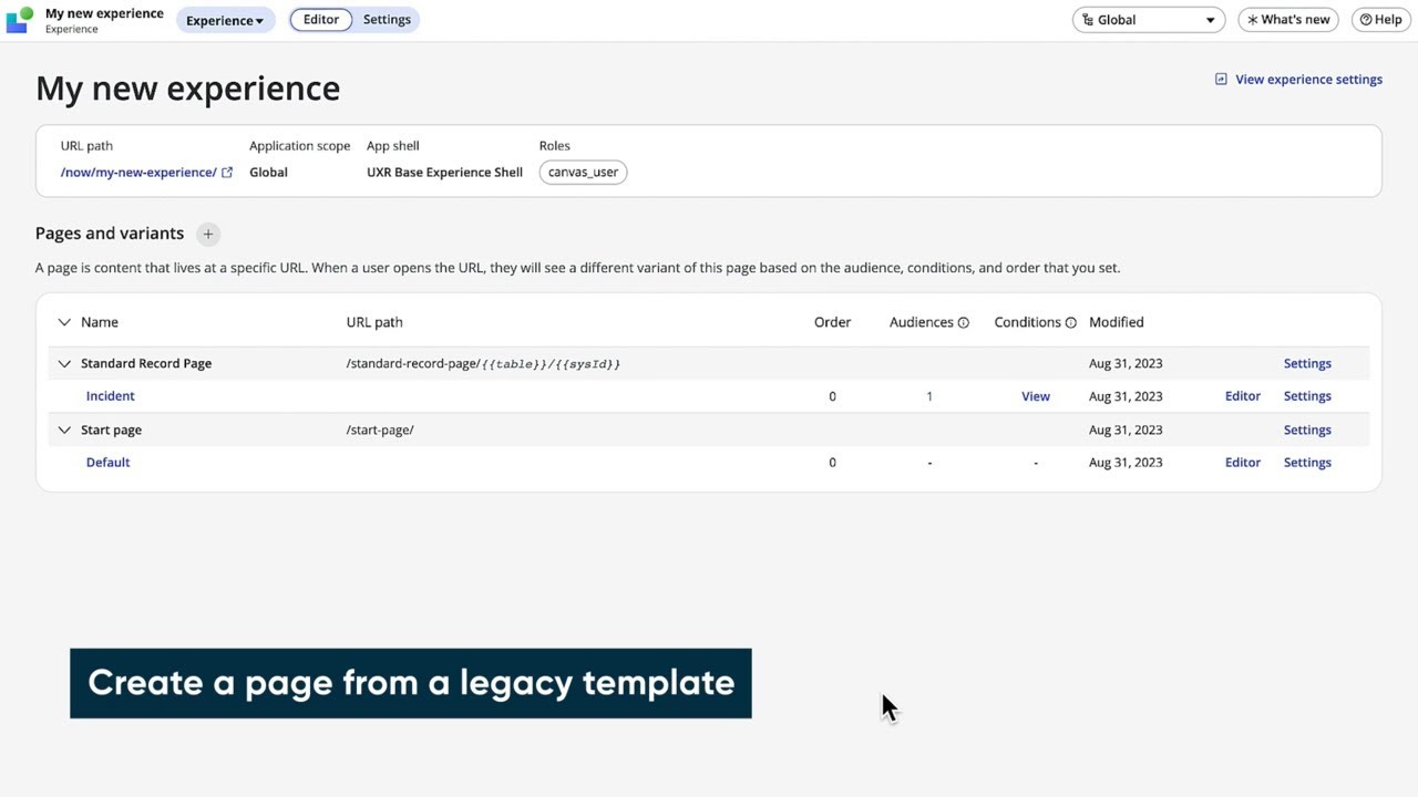 UI Builder | Create a page from a legacy template