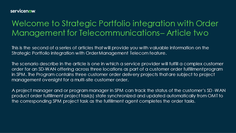 Strategic Portfolio Management Integration with Order Management Telecom - create complex projects