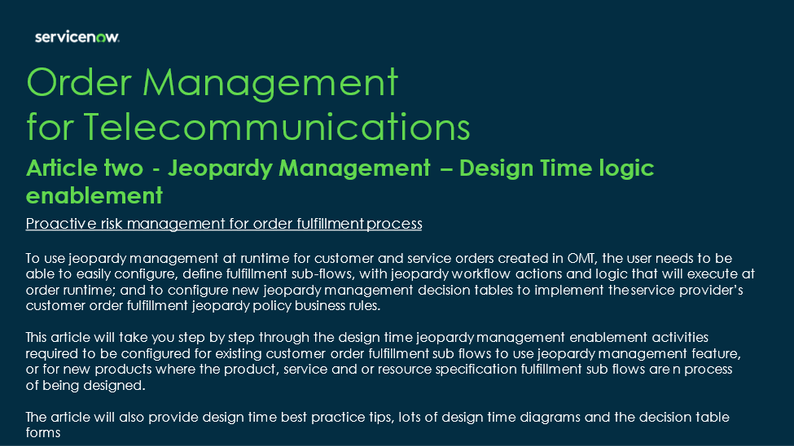 Article two - Jeopardy Management – design time logic enablement
