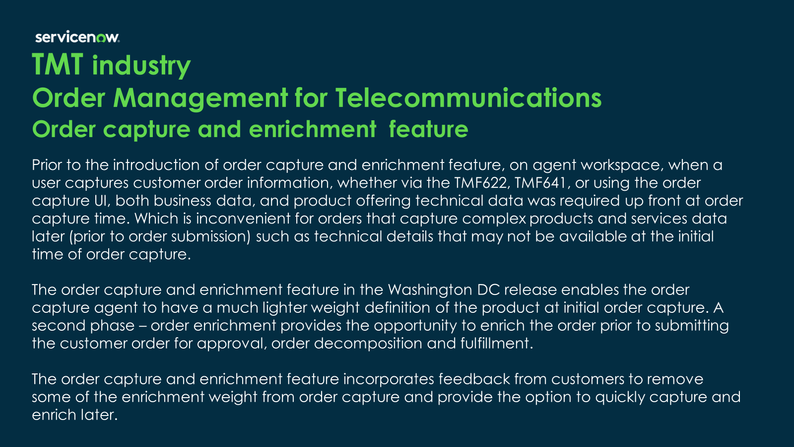 Order Management for Telecommunications - Order capture and enrichment feature