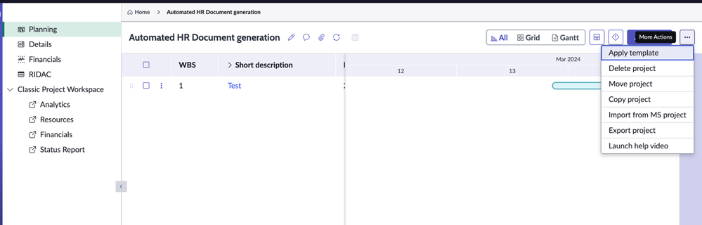 Configuring new custom actions in Planning/Details page in Project Workspace