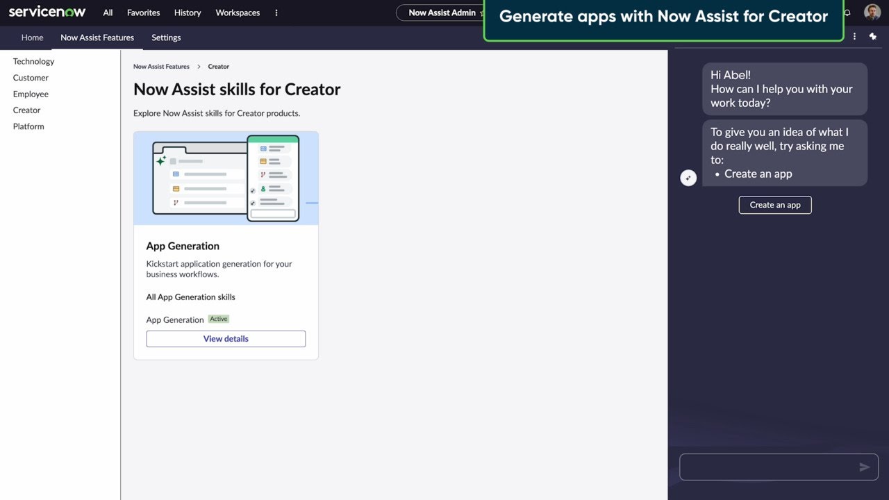 Generate apps with Now Assist for Creator