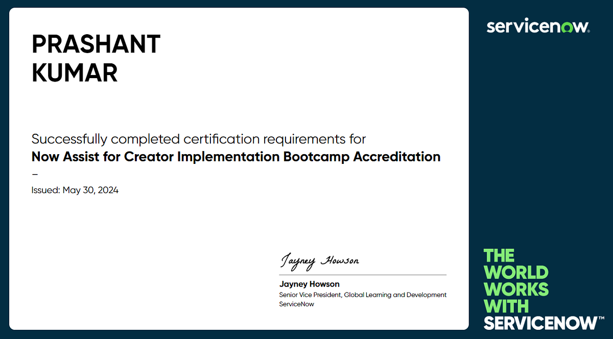 Suite Certification — Now Assist for Creator Implementation