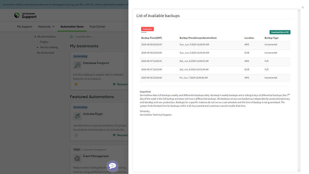 List of available Instance backups