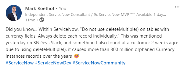 Do not use deleteMultiple() on tables with currency fields