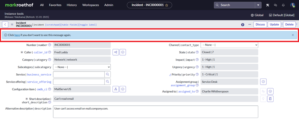 Create User specific dismissible Info messages in Core UI