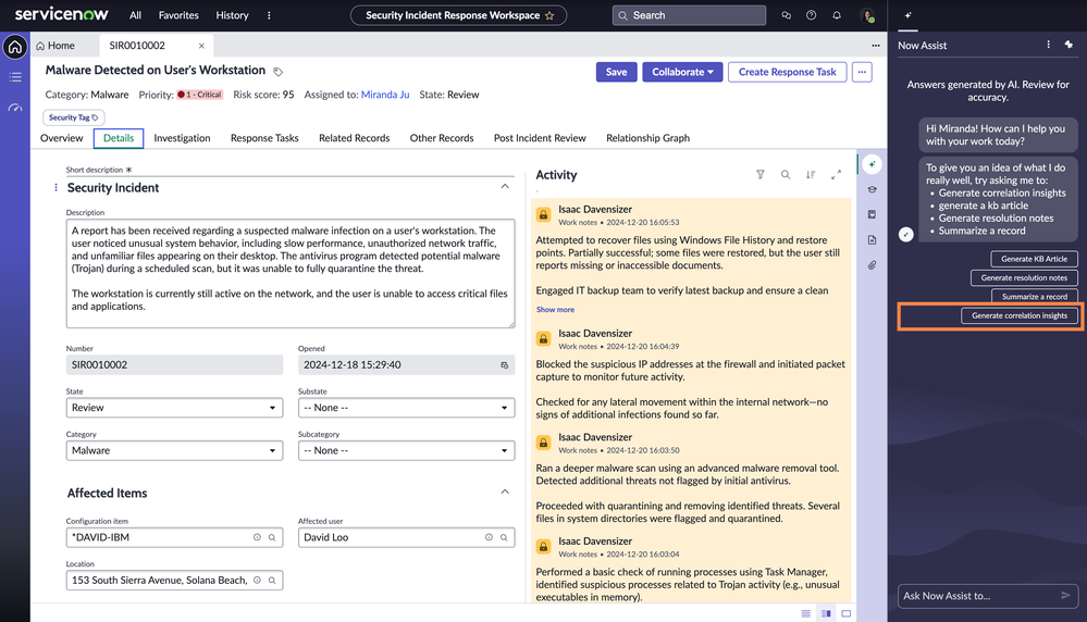 Enhancing Security Investigations with AI-Powered Correlation and Now Assist Context Menu