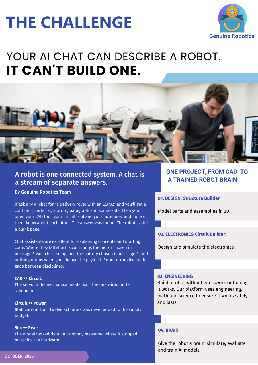 Cover of Genuine Robotics newsletter GR0001, October 2026