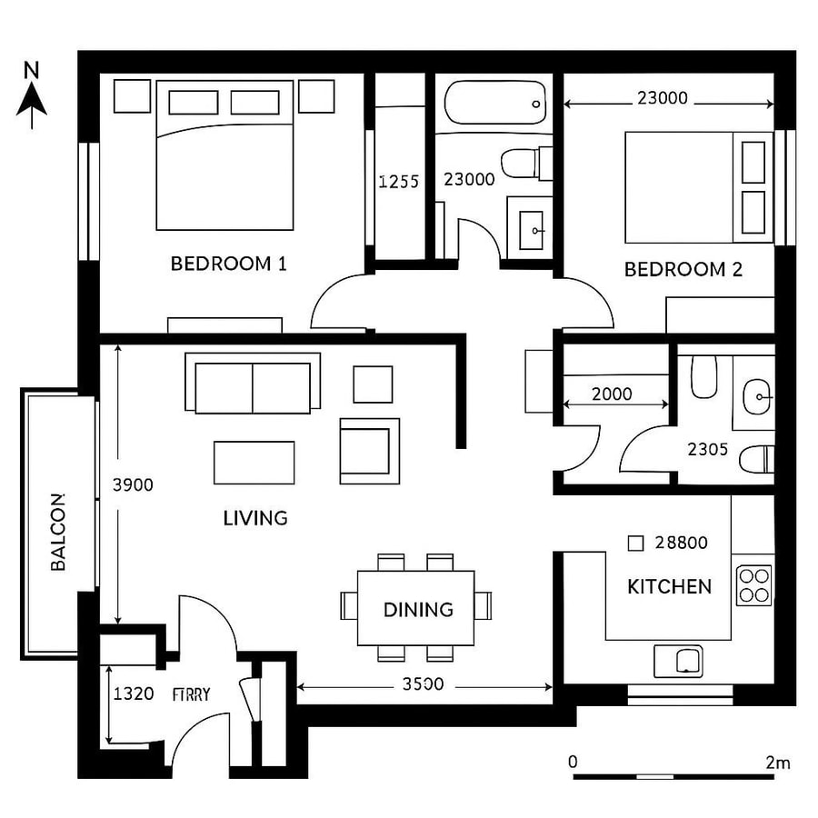 floor plan of a two bedroom apartment