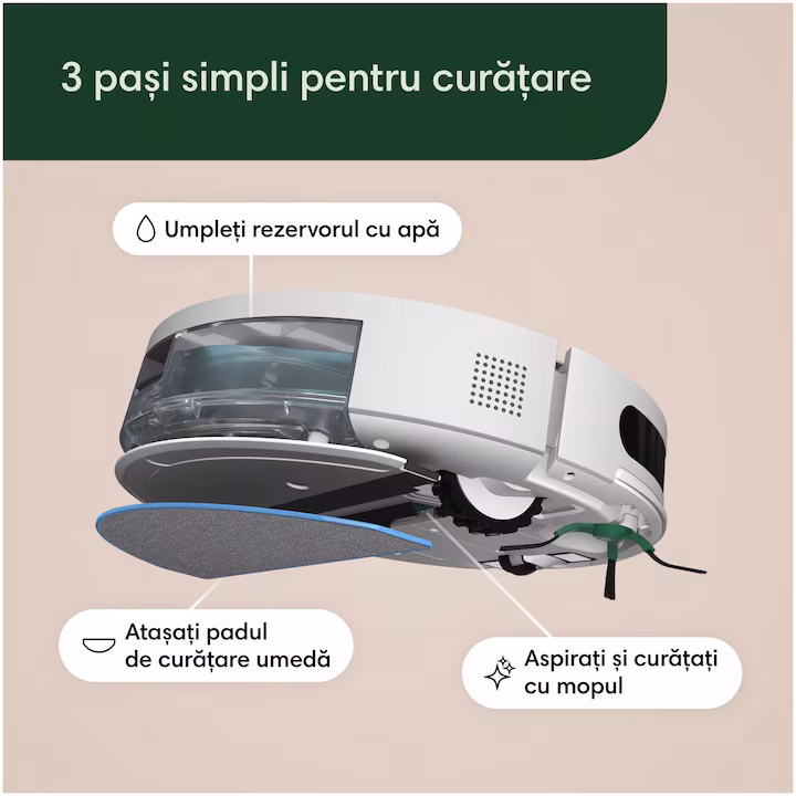 Aspirator si mop robot (2 in 1) Roomba Combo Essential Y011240, Sistem de curatare in 4 pasi, dotat cu Wifi, accepta comenzi vocale, aplicatie intuitiva iRobot, sistem de operare iRobot OS, navigatie giroscopica, autonomie de pana la 120 de minute, Alb — 6