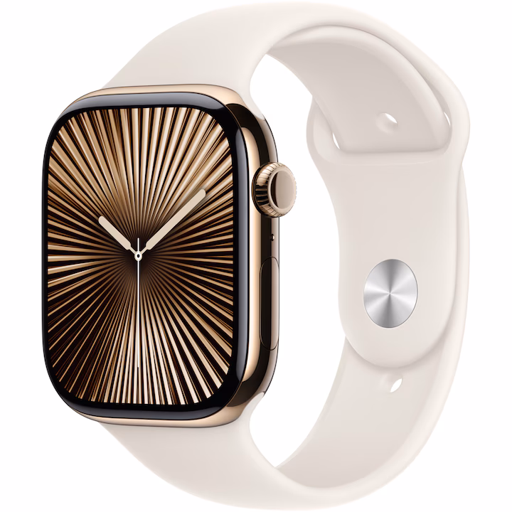 Apple Watch 10, GPS, Cellular, Carcasa Gold Titanium 46mm, Starlight Sport Band - S/M