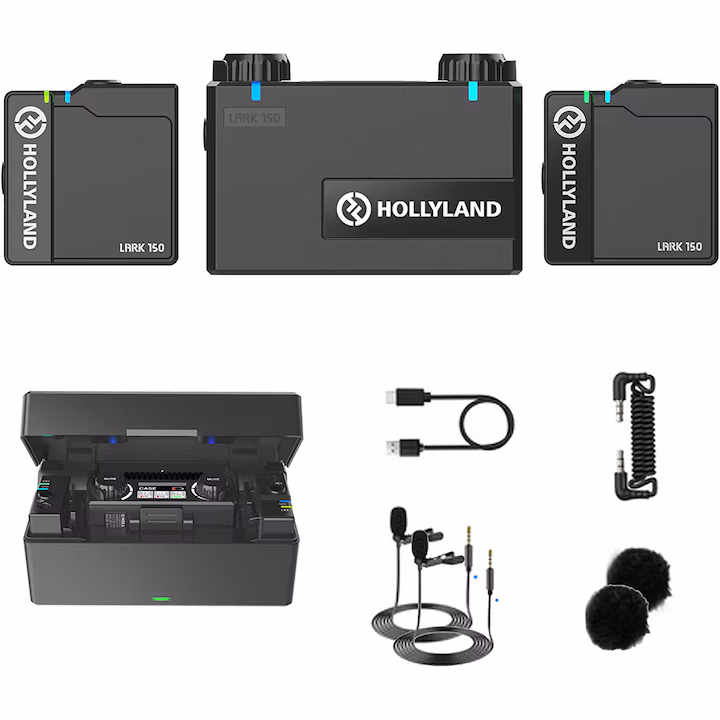 Kit wireless Hollyland Lark 150 Duo cu 2 microfoane, Omnidirectional, Latenta 5ms, Raza 100m, Compact, Carcasa de incarcare portabila 3500mAh, Negru — 3