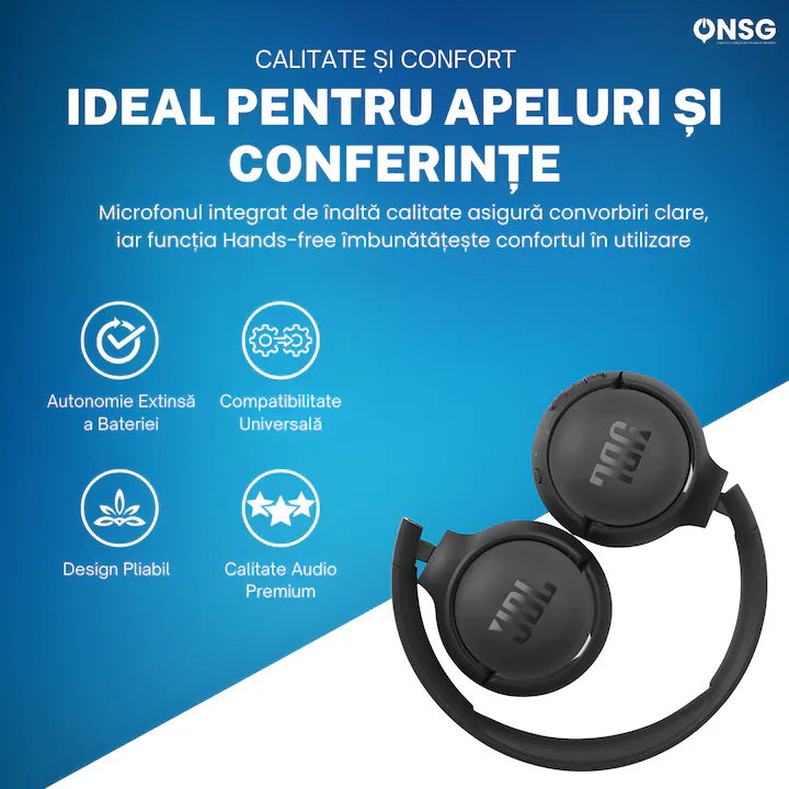Casti Wireless JBL Tune 520BT, Casti Bluetooth Pure Bass, Sunet Clar, Conectivitate Bluetooth 5.3, Autonomie 57 Ore, Design Ergonomic, Pliabil, Negru — 3