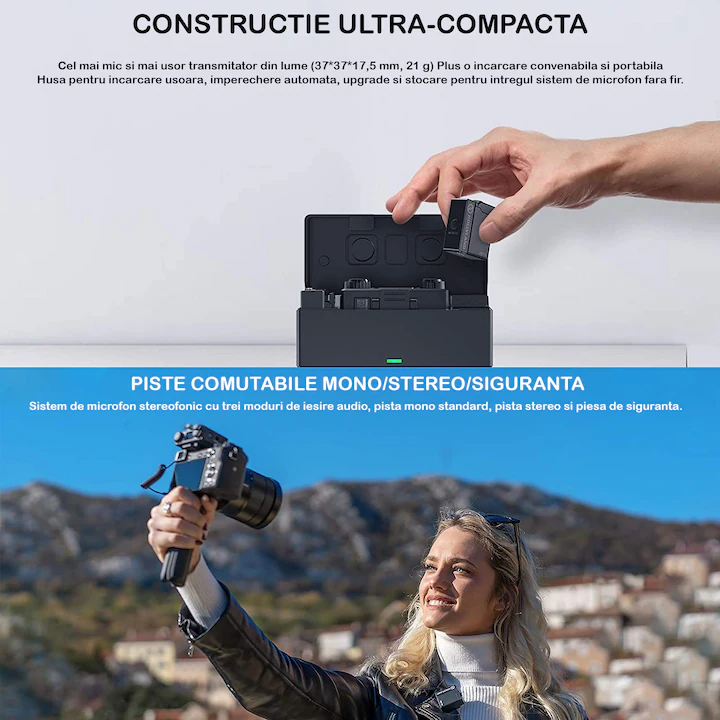 Kit wireless Hollyland Lark 150 Duo cu 2 microfoane, Omnidirectional, Latenta 5ms, Raza 100m, Compact, Carcasa de incarcare portabila 3500mAh, Negru — 4