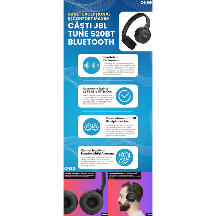 Casti Wireless JBL Tune 520BT, Casti Bluetooth Pure Bass, Sunet Clar, Conectivitate Bluetooth 5.3, Autonomie 57 Ore, Design Ergonomic, Pliabil, Negru — 2