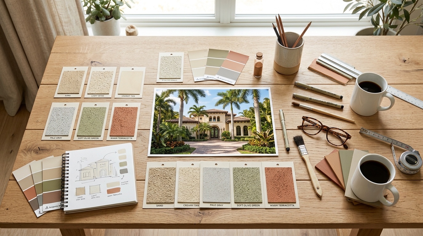 Designer workspace with textured stucco paint swatches and a photo of a Florida home