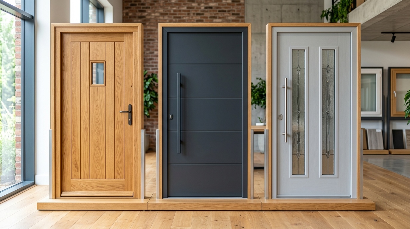 Three sample door panels showing wood, steel, and fiberglass textures in bright daylight.