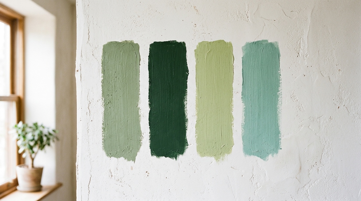 Four painted green swatches ranging from sage to forest green on a textured wall.