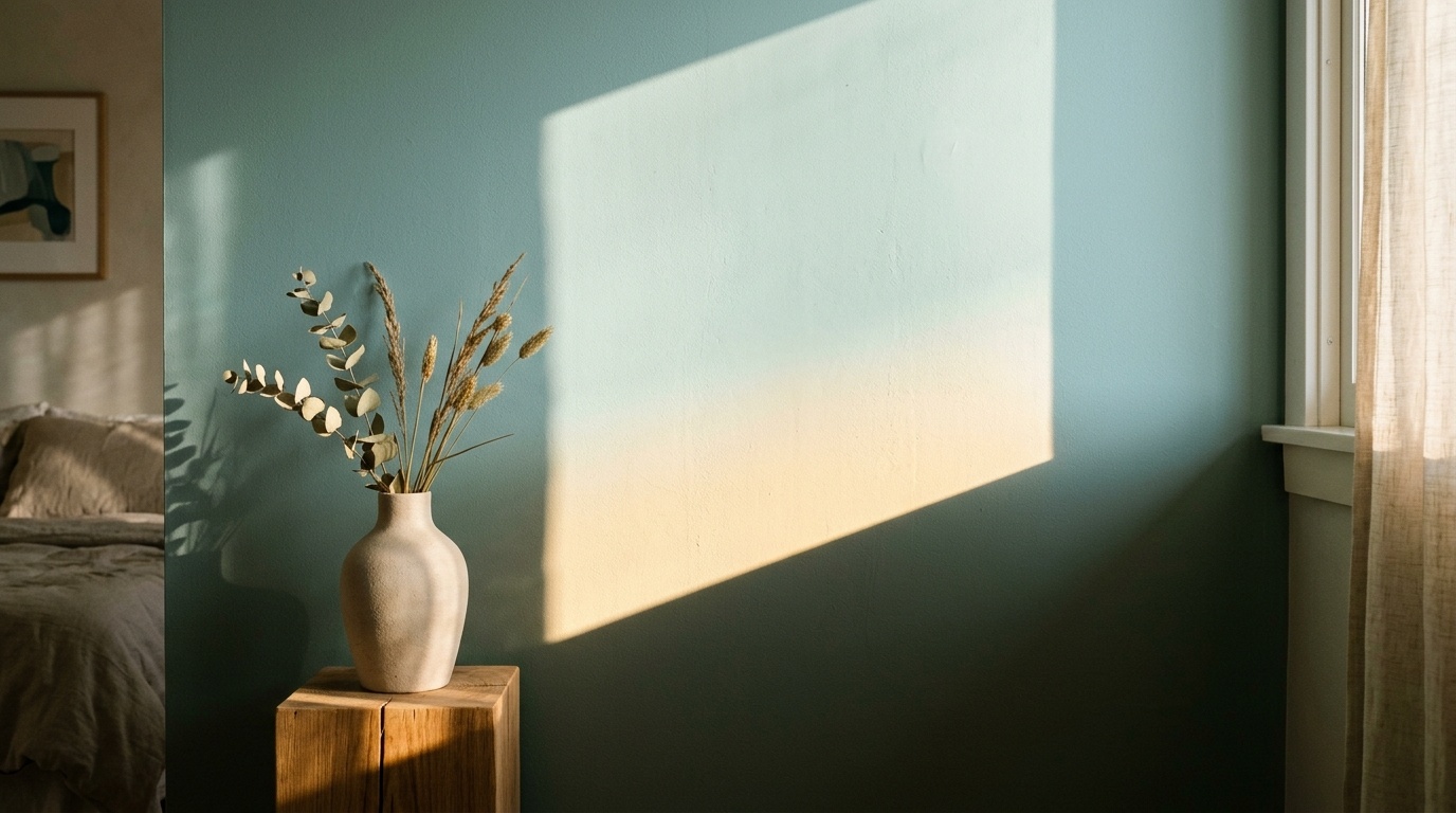Light-reflecting blue-green bedroom wall split by sharp golden sunlight and deep shadows.