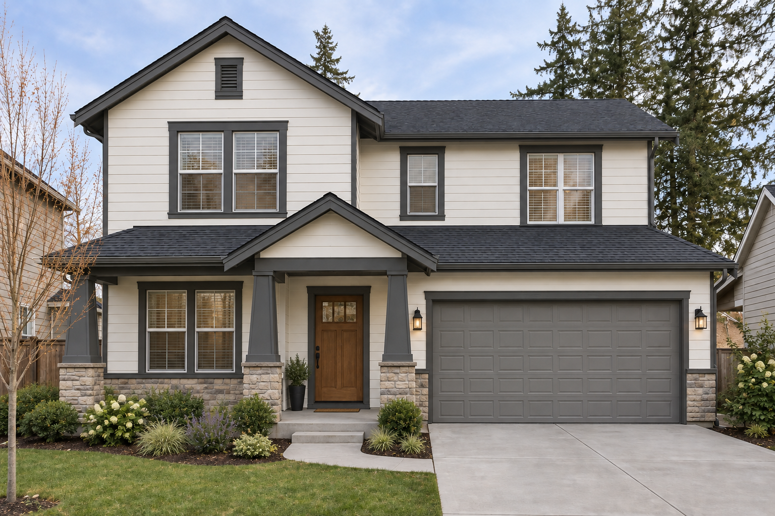AI-generated exterior concept retaining the house roofline, windows, driveway, and access path