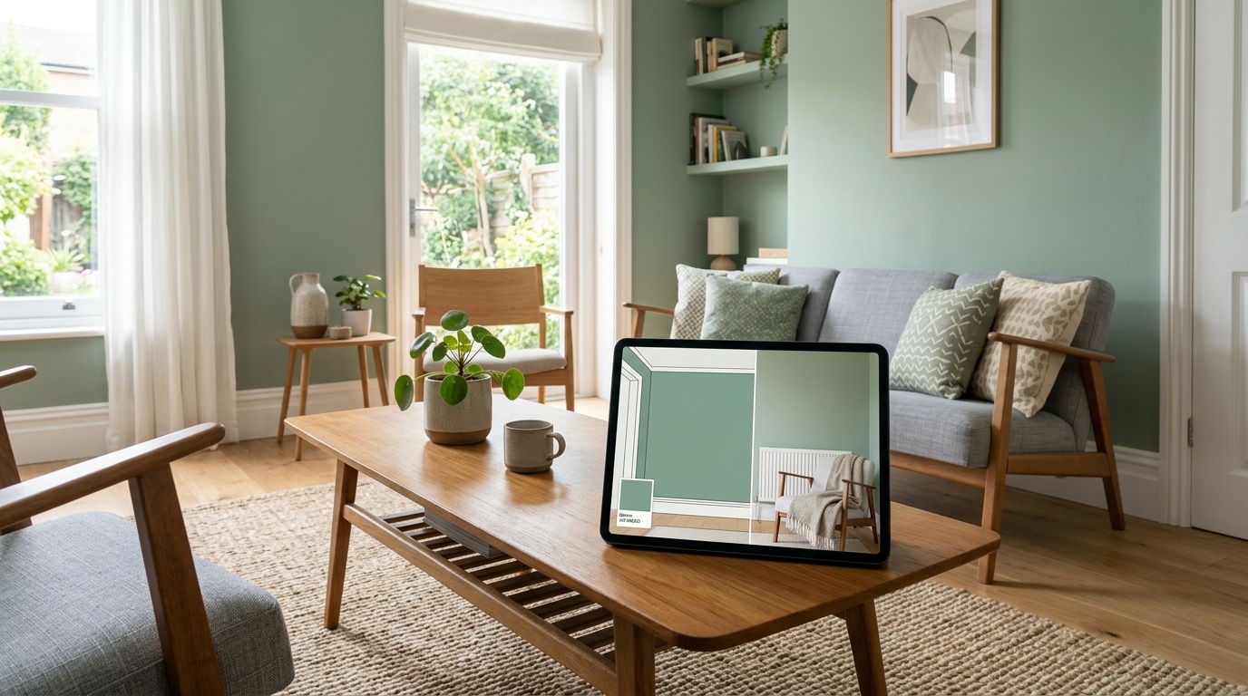 Modern living room with a tablet displaying digital color visualization for white trim paint.