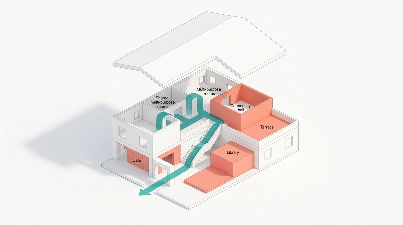 Diagrammatic axonometric rendering showing circulation through a two-story building.