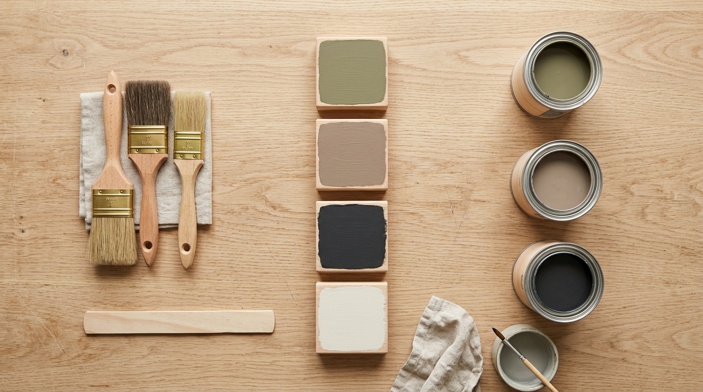 Selection of chalk paint color swatches on wooden blocks in a bright studio.