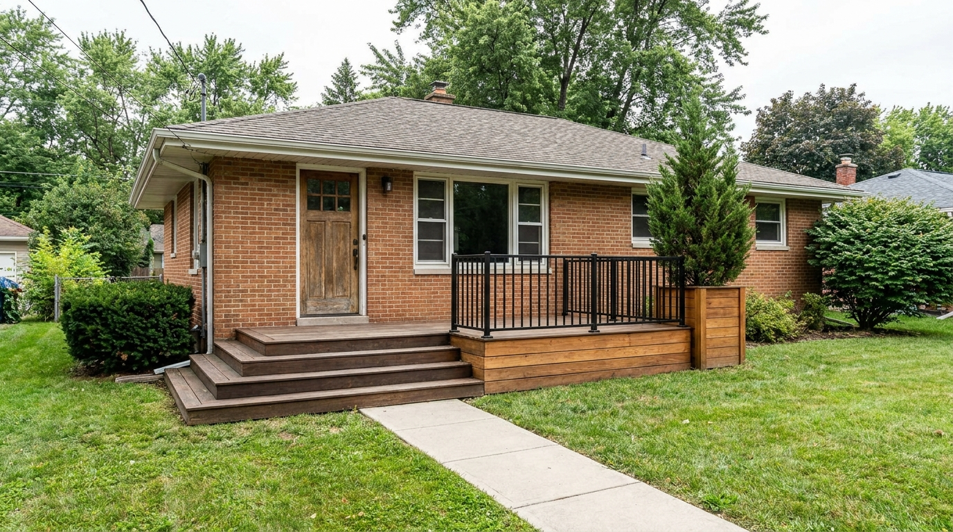 Low modern cedar front deck fitted to the entrance bay of a brick ranch house.