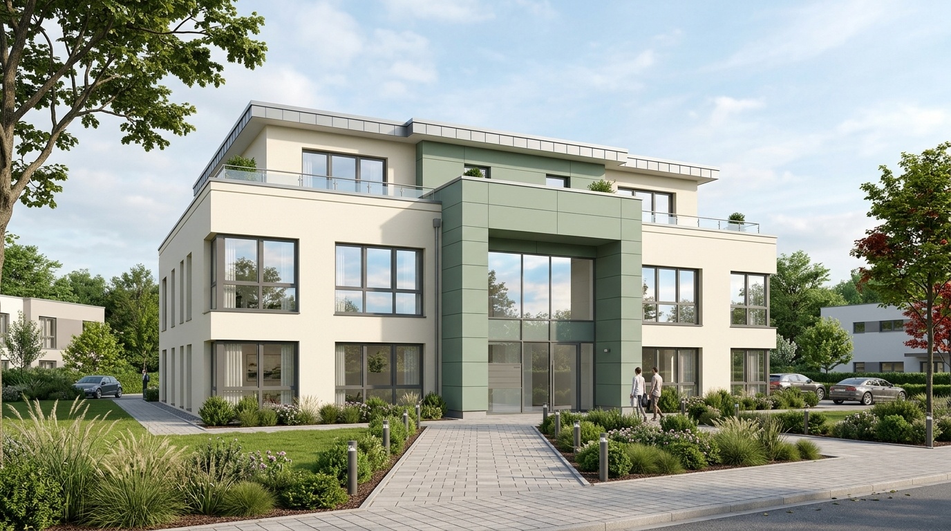 Two-story clinic with soft off-white walls and a calm sage green entrance.