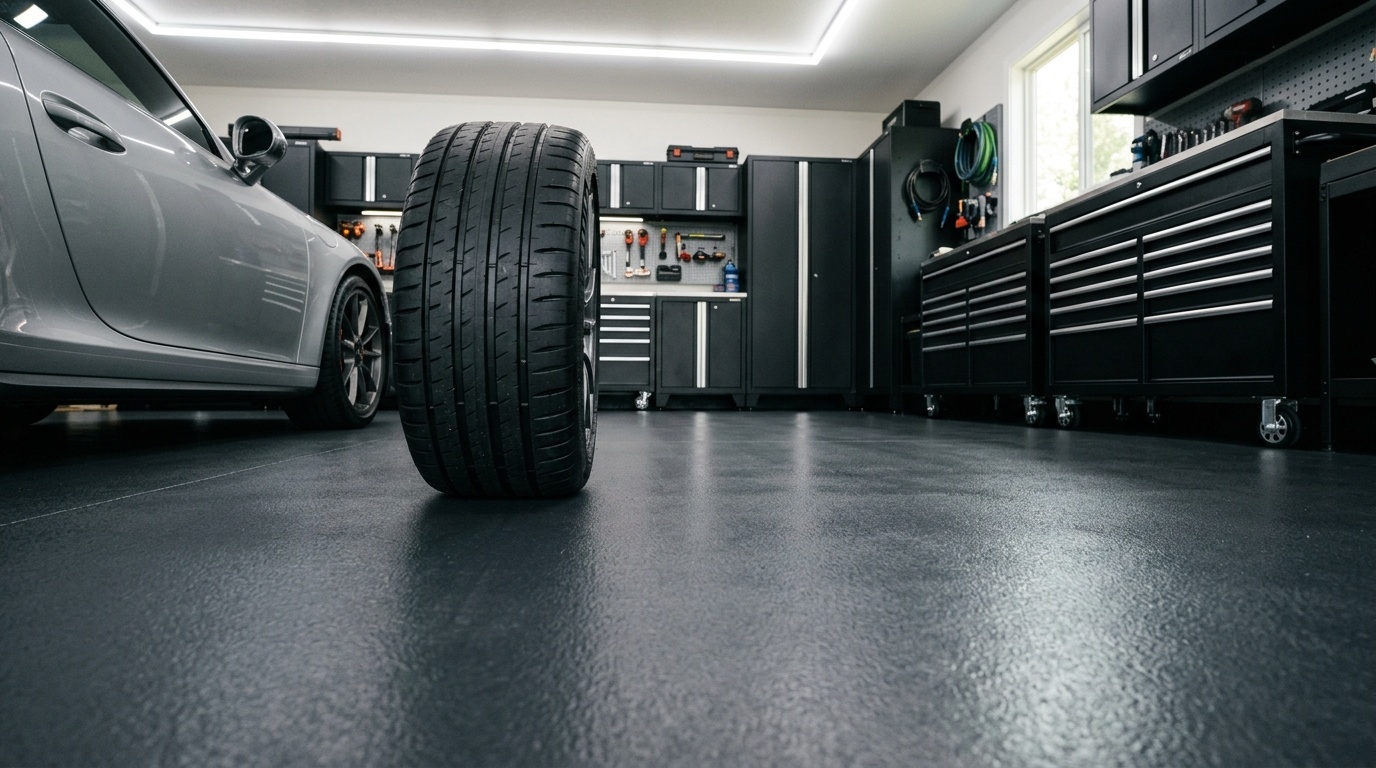 Durable dark charcoal epoxy garage floor with a clean car tire and black tool chests
