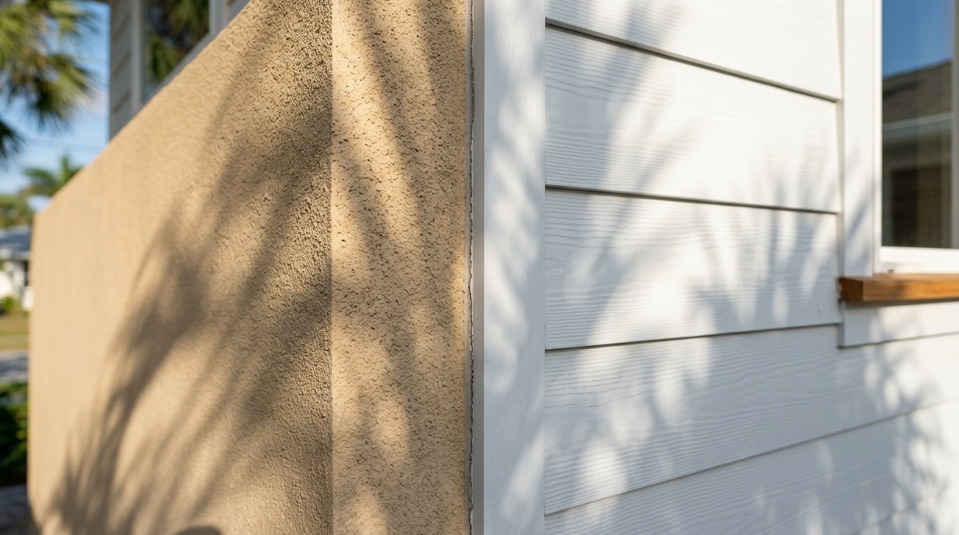 Detailed view of the transition between sandy stucco and white horizontal siding on a house.