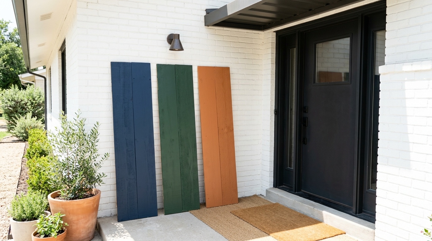 Three painted color sample boards propped against a brick wall next to a door.