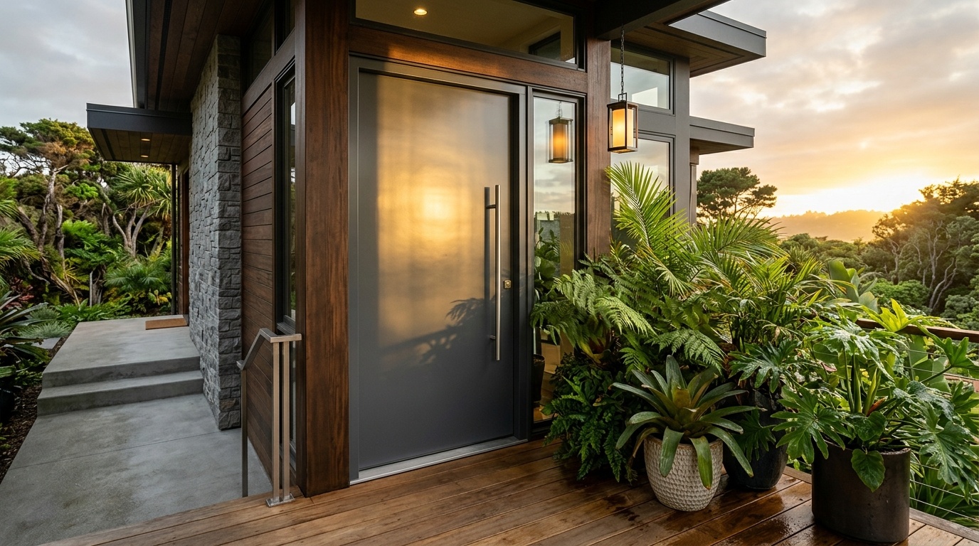 Charcoal gray steel front door under golden afternoon sunlight on a modern porch.