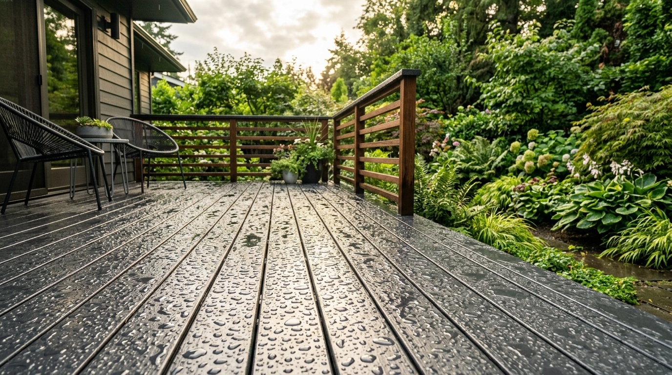 Charcoal gray painted wood deck with water droplets beading on the surface after rain.
