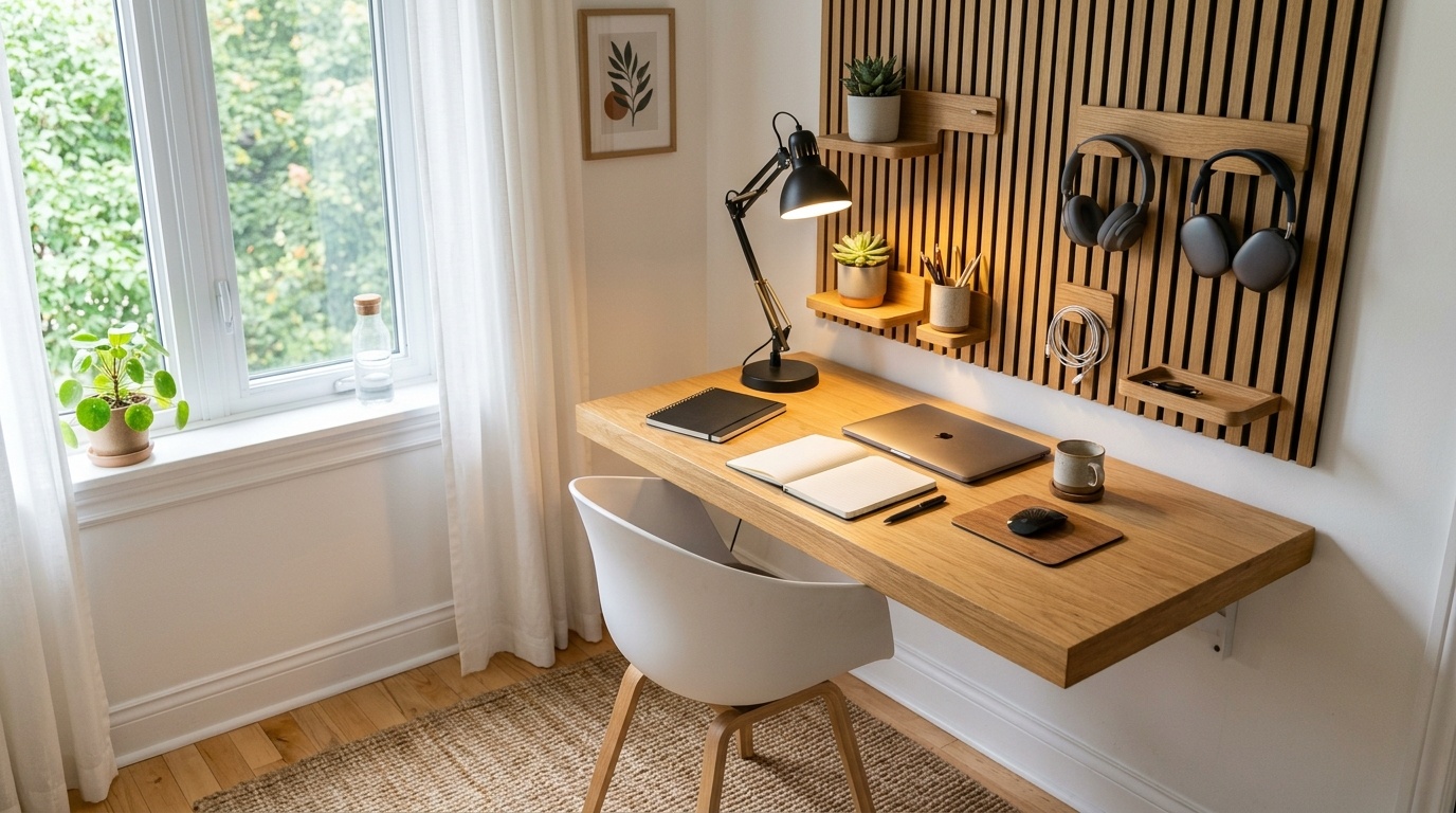 Modern home office nook with a floating oak desk, white chair, and bright task lighting.