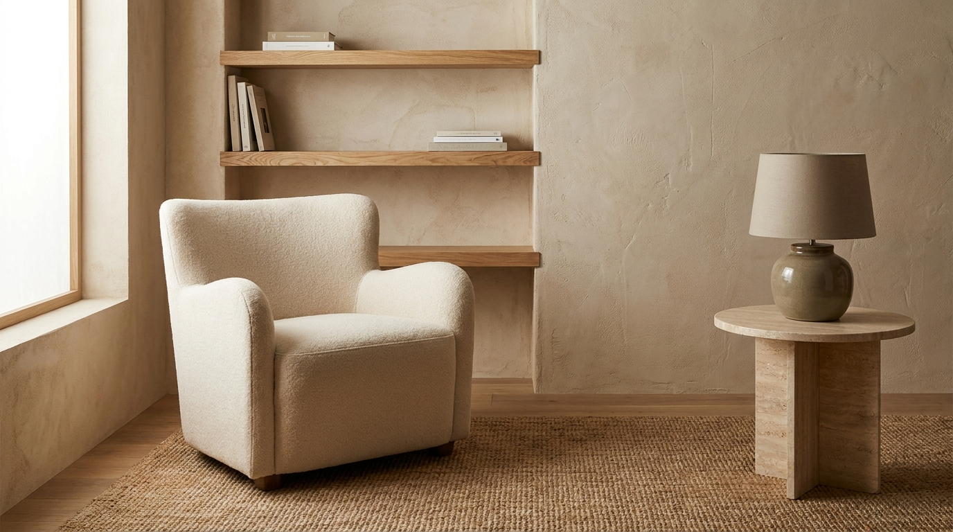Organic minimalist reading corner combining plaster, oak, woven wool, travertine, and glazed ceramic.