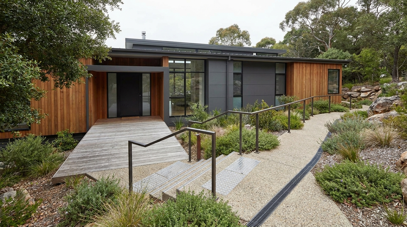 Step-free front deck entrance with a gently sloped path, level landing, and simple handrails.