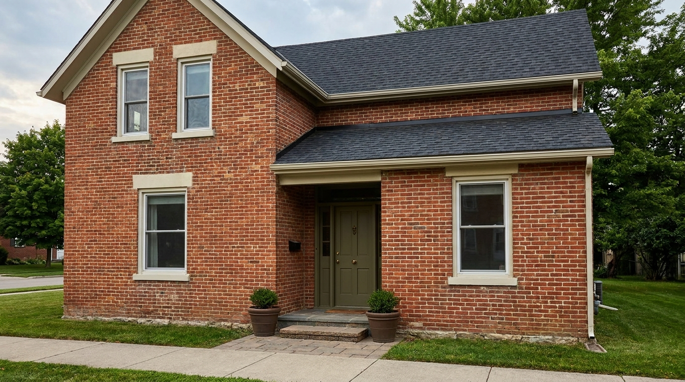 Muted olive front door adding controlled contrast to a red brick house.