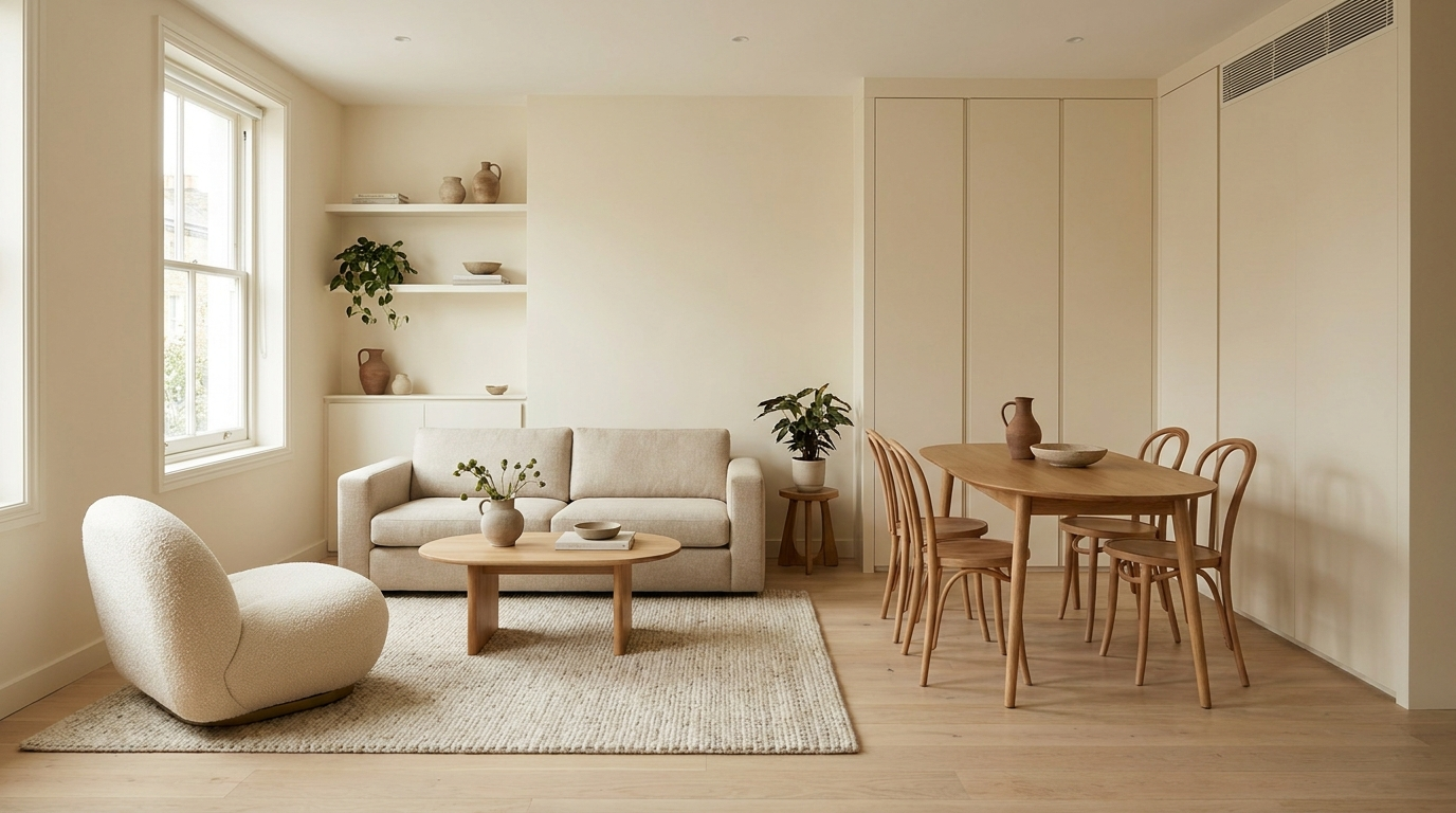 Small organic minimalist apartment with compact furniture, concealed storage, an oval table, and clear walking paths.