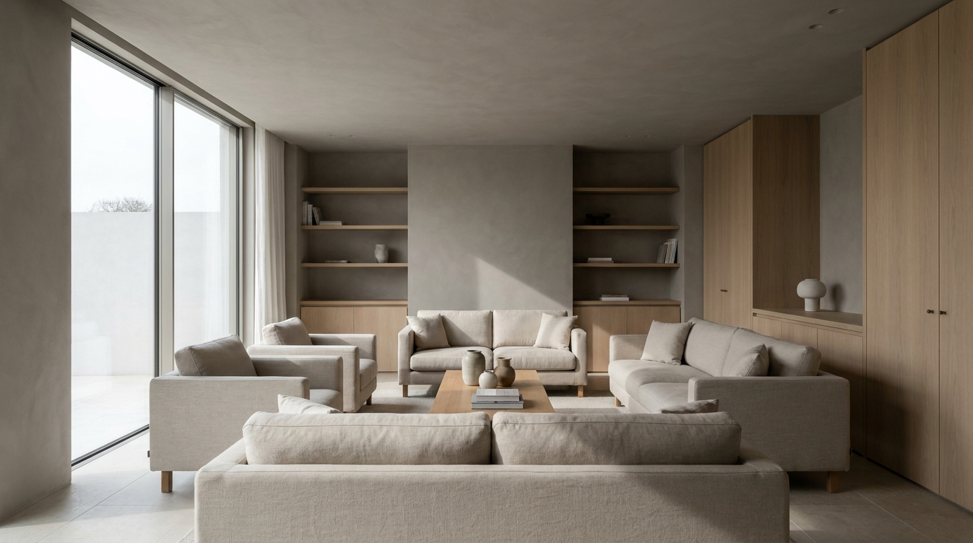 Soft photorealistic rendering of a contemporary living room in diffuse daylight.