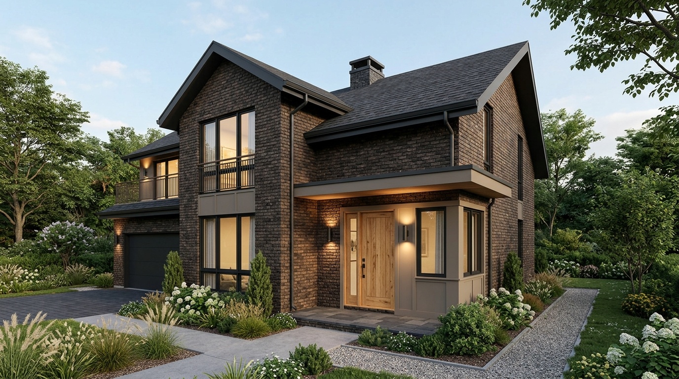 Modern dark brown brick house exterior with warm gray trim and a wood door