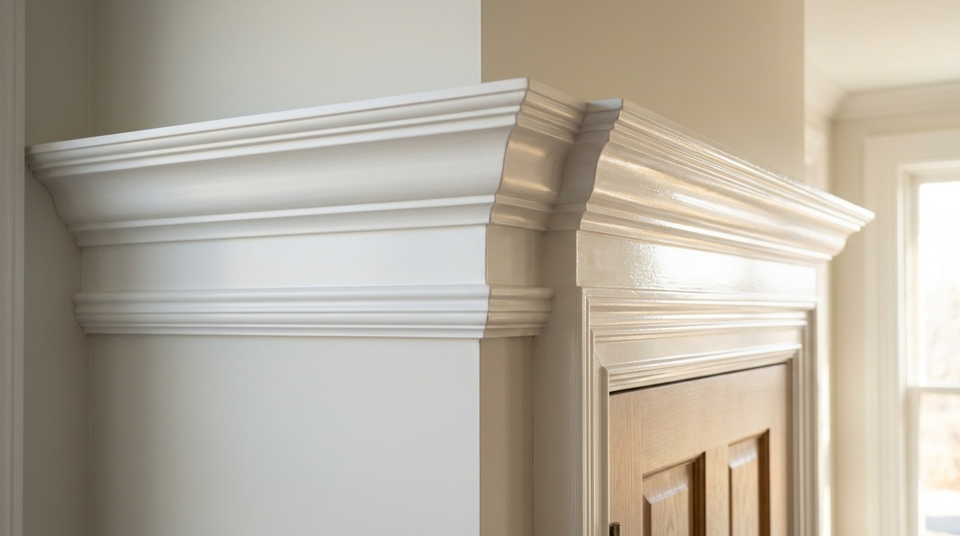 Architectural trim molding showing a comparison of soft satin and semi-gloss white paint finishes.