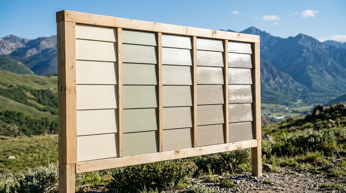 Painted wood panels on an outdoor weathering rack under bright sunny mountain skies.