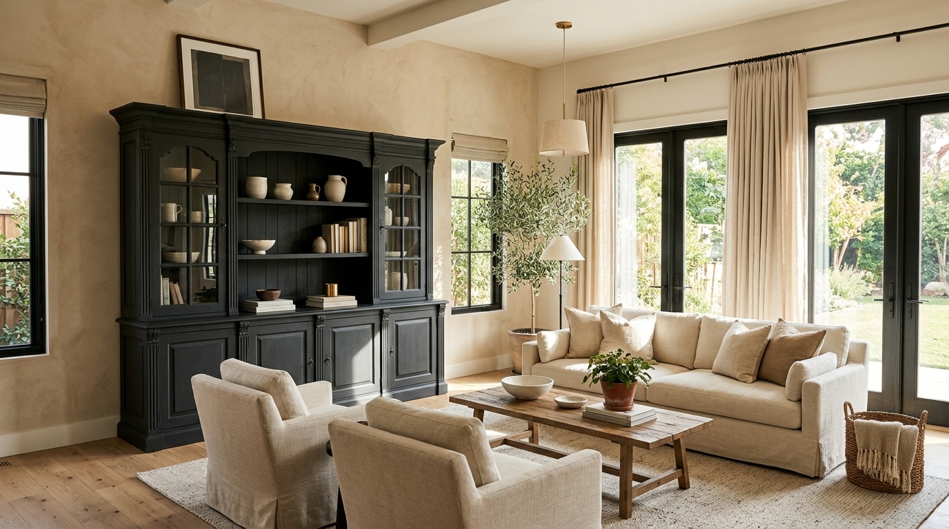 Charcoal black chalk painted hutch in a modern open-plan living room with oak floors.