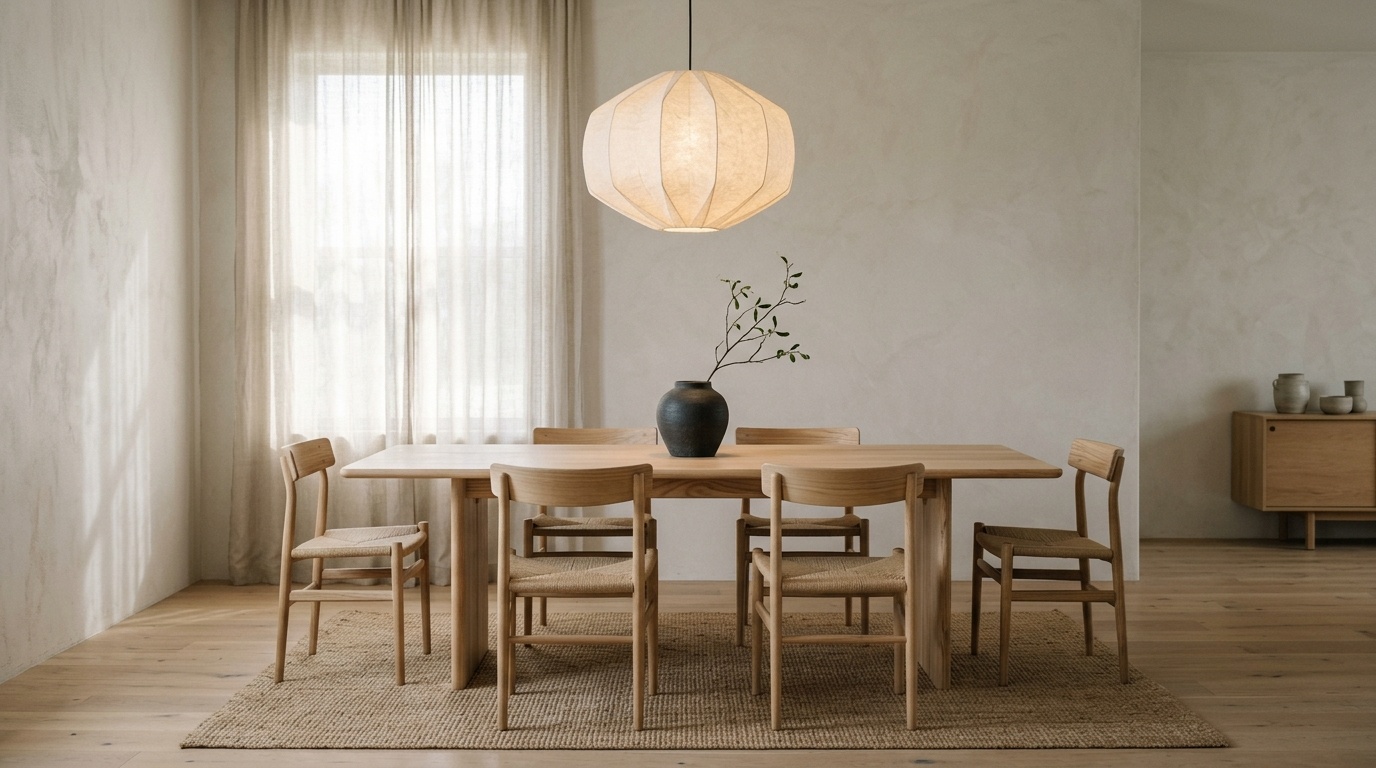 Minimalist Japandi dining room with a wooden table, paper pendant light, and soft afternoon sun