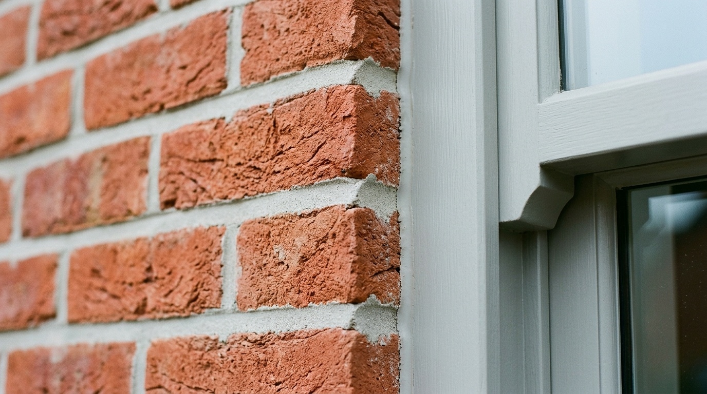 Close-up of red brick mortar seamlessly matching the light gray painted window trim